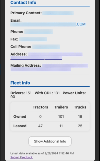 Carrier contact & fleet info.